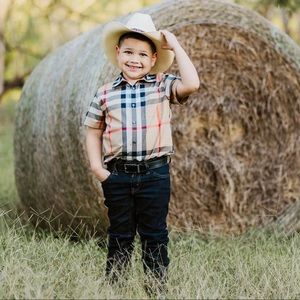 Burberry boys button down shirt! It runs small, so it fits like a 8 or slim 10